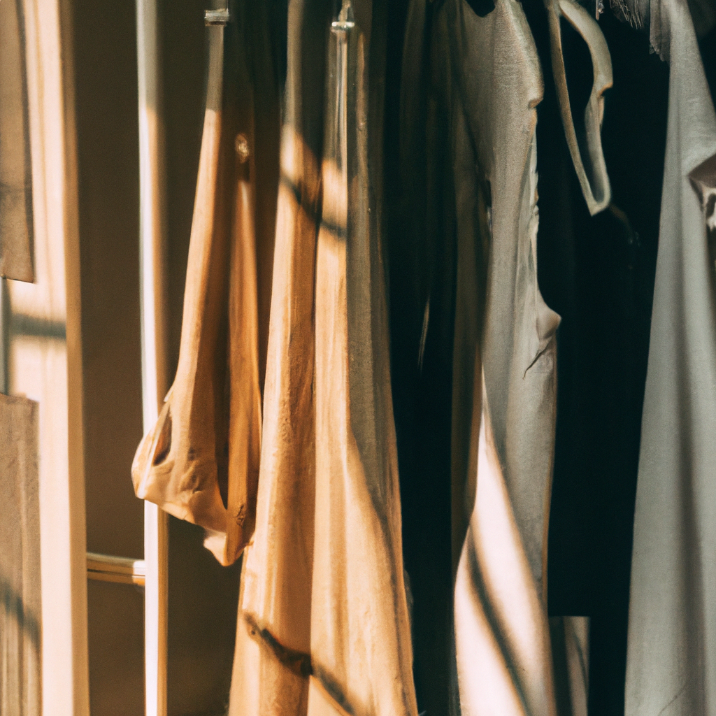 Minimalist neutral-toned clothing on wooden hangers in soft window light